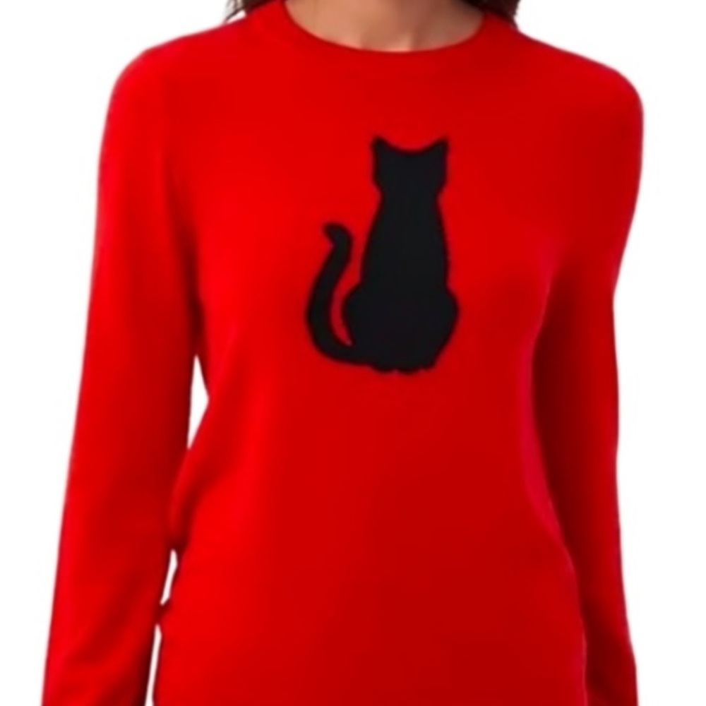 Trina Turk “Ziggy Sweater”Red Sweater with a Black Cat Silhouette Graphic Wool